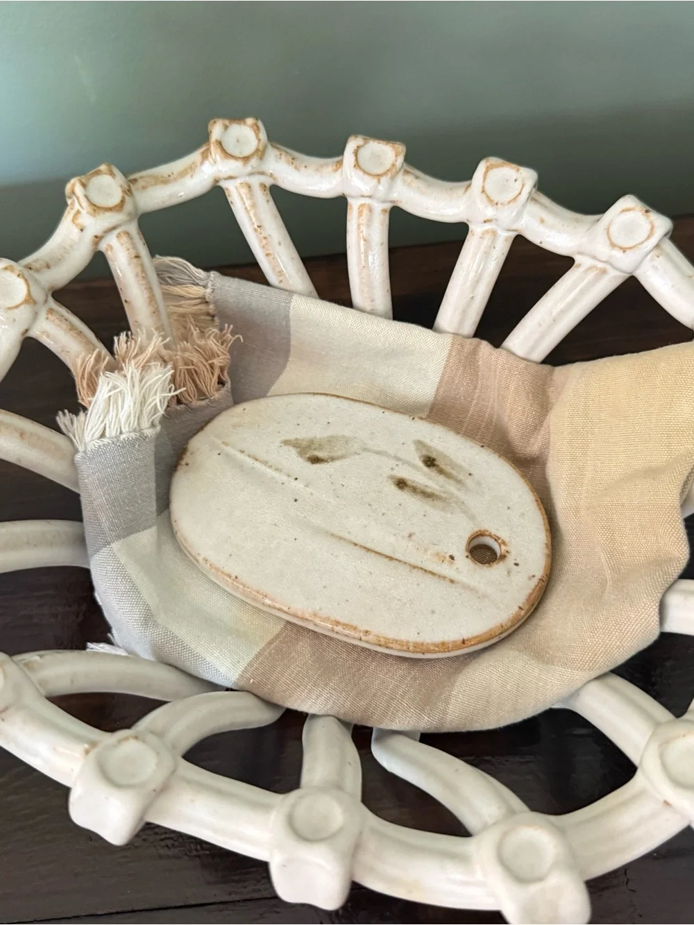 Rustic White Ceramic Decorative Bowl Basket with ceramic “weight”
